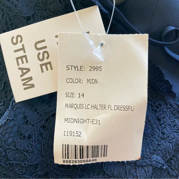 Dessy Collection NWT Halter Cross Back Lace Trumpet Midnight Dress Size 14 - Picture 7 of 8